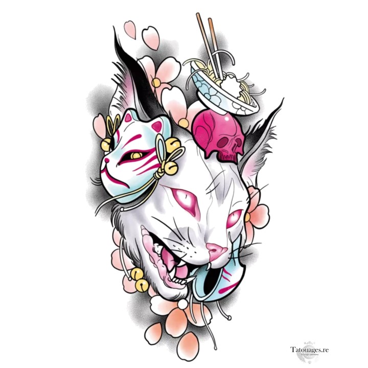 Tatouage éphémère chat japonais bakeneko masque kitsune et ramen Le Festin du Nekomata