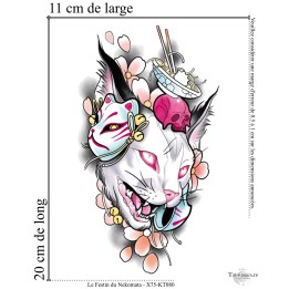 Dimensions et format du grand tatouage temporaire chat démon et bol de ramen 20x11 cm