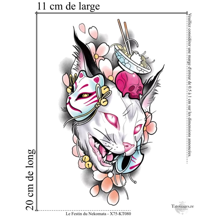 Dimensions et format du grand tatouage temporaire chat démon et bol de ramen 20x11 cm