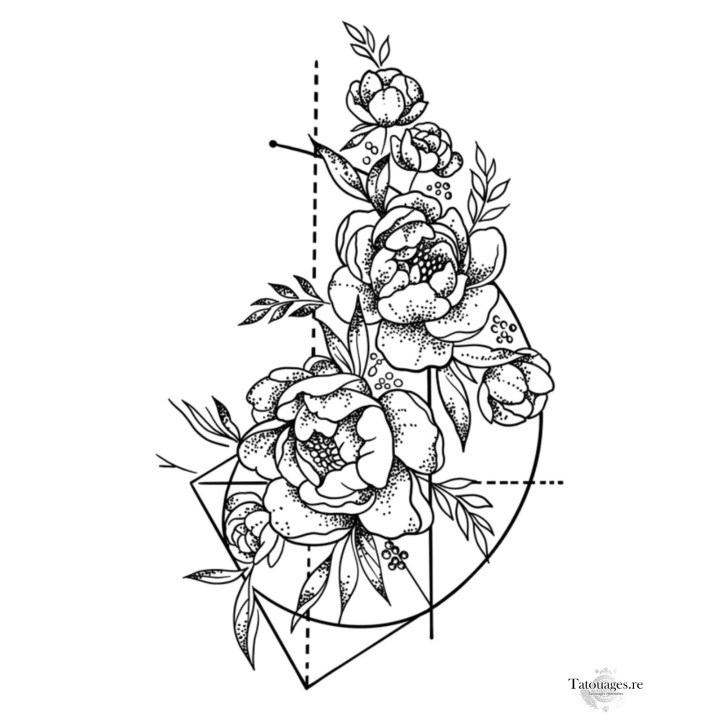 Tatouage éphémère pivoines dotwork et lignes géométriques La Symphonie Astrale