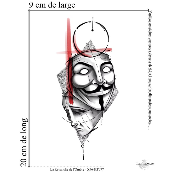 Dimensions et format du tatouage temporaire masque rébellion et géométrie rouge 20x9 cm