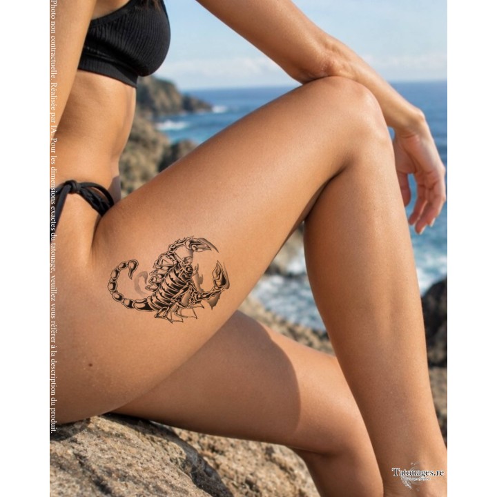 Grand tatouage temporaire scorpion chicano et ombrages porté sur la cuisse ou le mollet