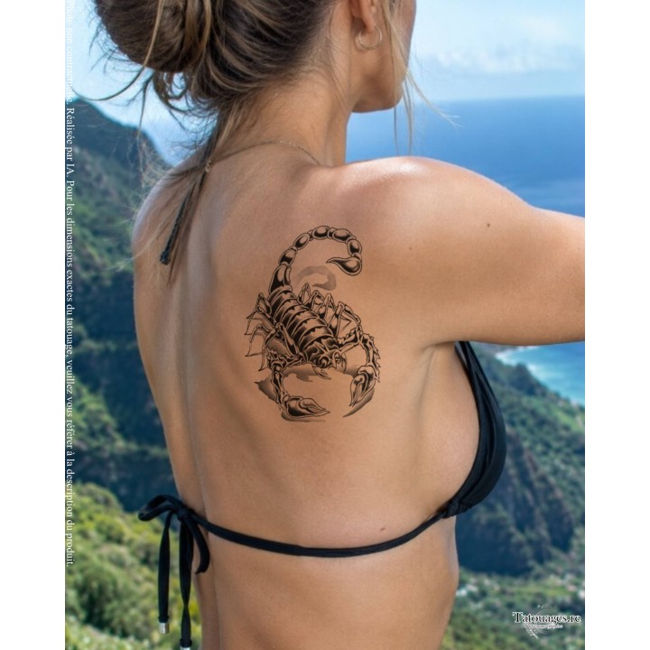 Grand tatouage temporaire scorpion noir réaliste positionné sur l'omoplate ou le haut du dos