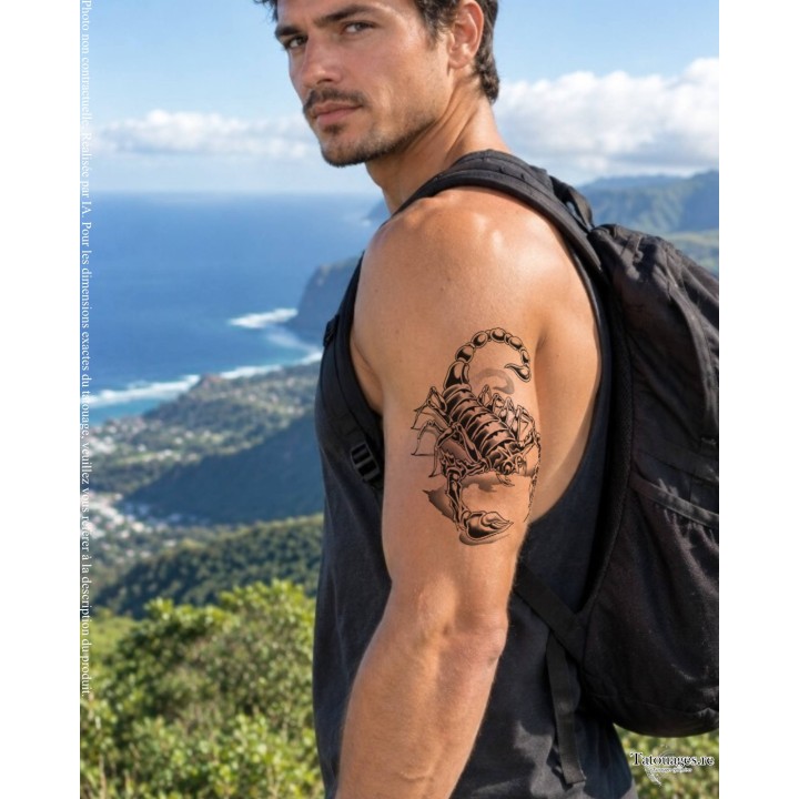 Tatouage éphémère scorpion 3D Le Dard d'Obsidienne appliqué sur l'épaule et le triceps