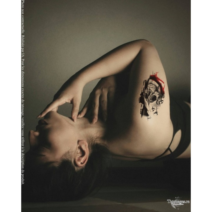 Tatouage éphémère crâne Trash Polka Le Linceul de Carmin appliqué sur l'avant-bras ou l'épaule