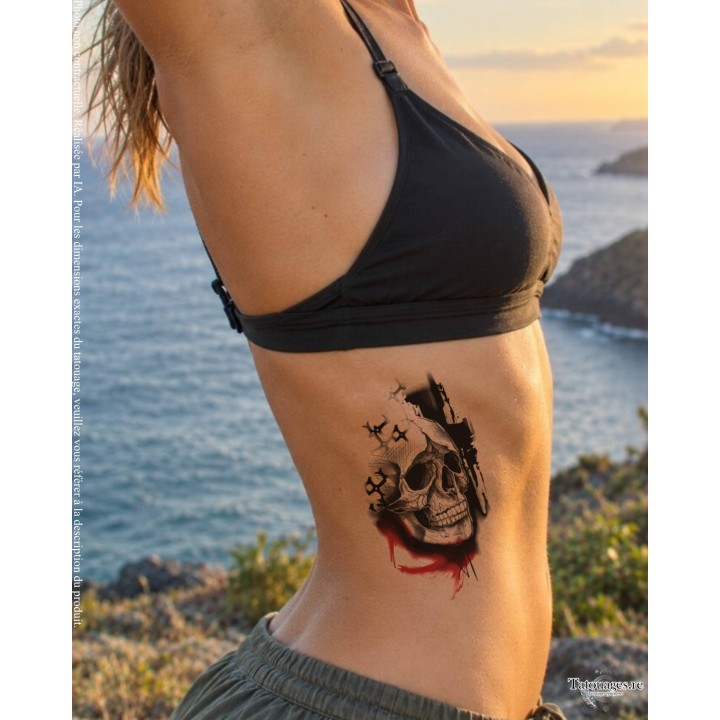 Rendu réaliste du tatouage éphémère crâne gothique et rouge carmin sur le flanc ou les côtes