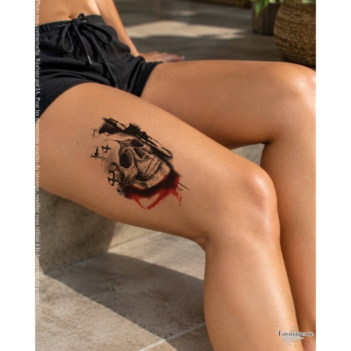 Grand tatouage temporaire noir et rouge crâne artistique porté sur la cuisse ou le mollet