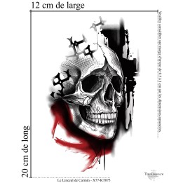 Dimensions et format du grand tatouage temporaire crâne et taches d'encre rouge 20x12 cm