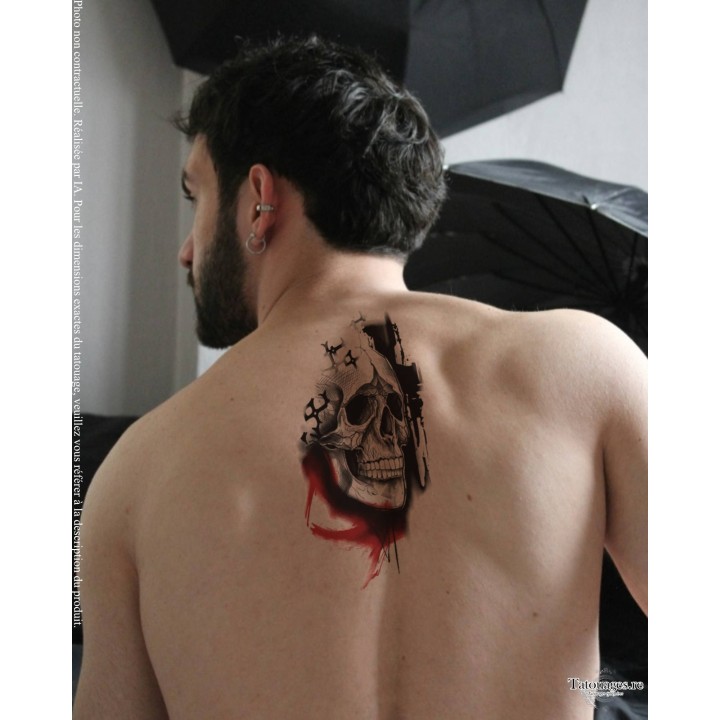 Grand tatouage temporaire crâne style gravure et encre rouge positionné sur l'omoplate ou le dos