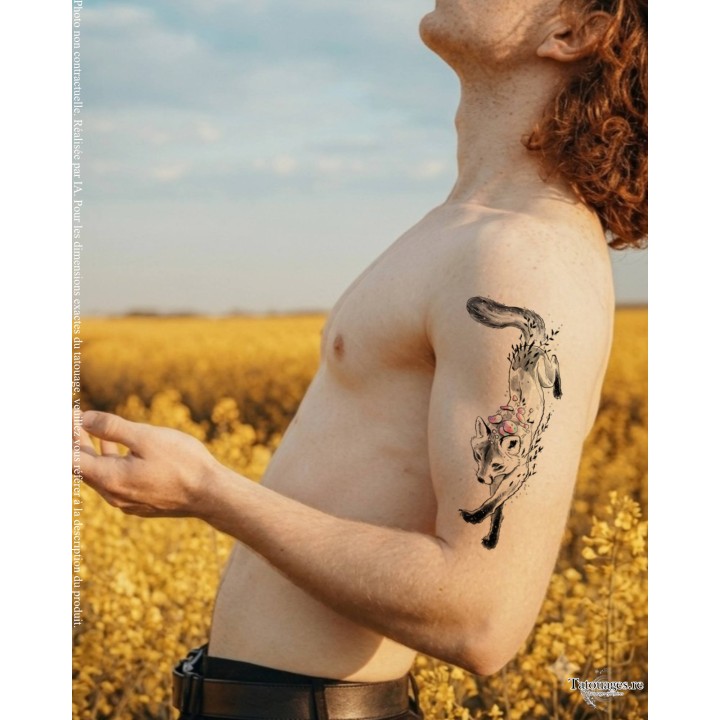 Tatouage éphémère renard et champignons magiques Le Renard aux Champignons appliqué sur le bras