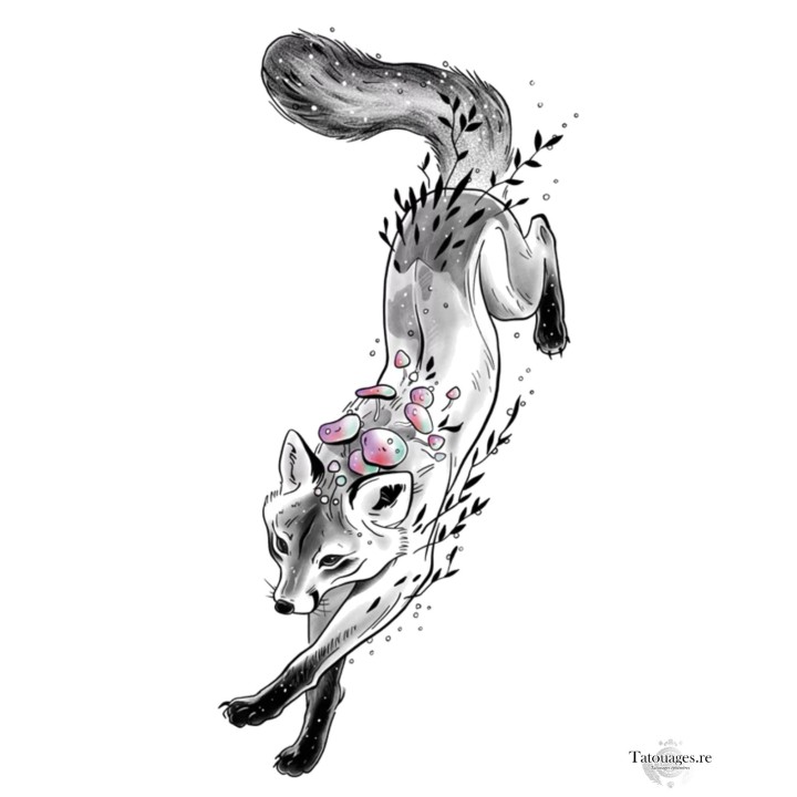 Tatouage éphémère renard bondissant et champignons féeriques Le Renard aux Champignons
