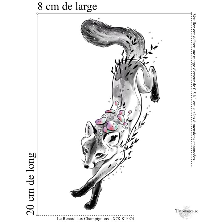 Dimensions et format du tatouage temporaire renard et champignons 20x8 cm