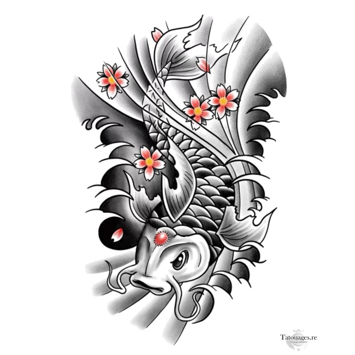 Tatouage éphémère carpe koï japonaise et fleurs de cerisier Le Vœu de la Koï