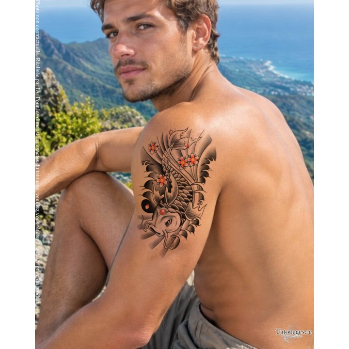Tatouage éphémère japonais carpe koï et sakura Le Vœu de la Koï appliqué sur l'avant-bras