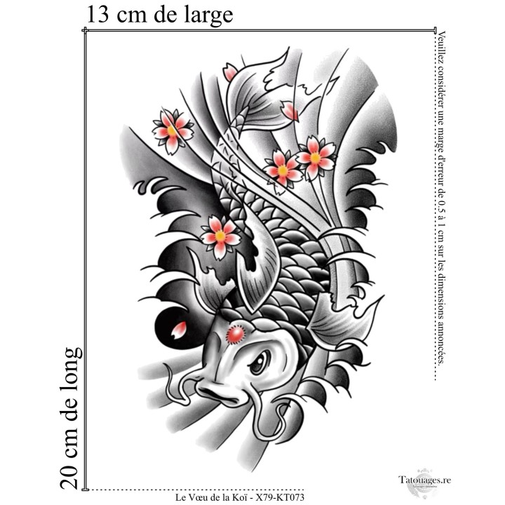 Dimensions et format du grand tatouage temporaire carpe koï et vagues 20x13 cm