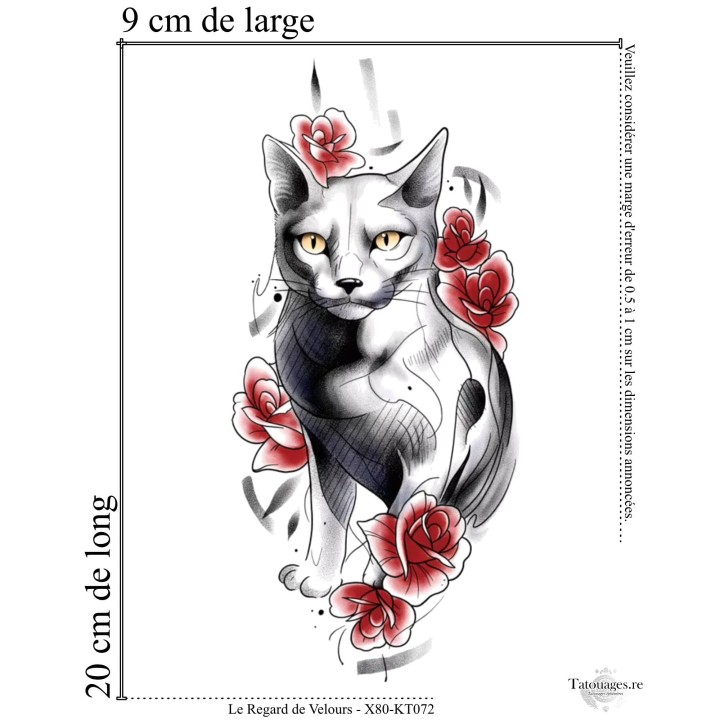Dimensions et format du tatouage temporaire chat et fleurs de roses 20x9 cm