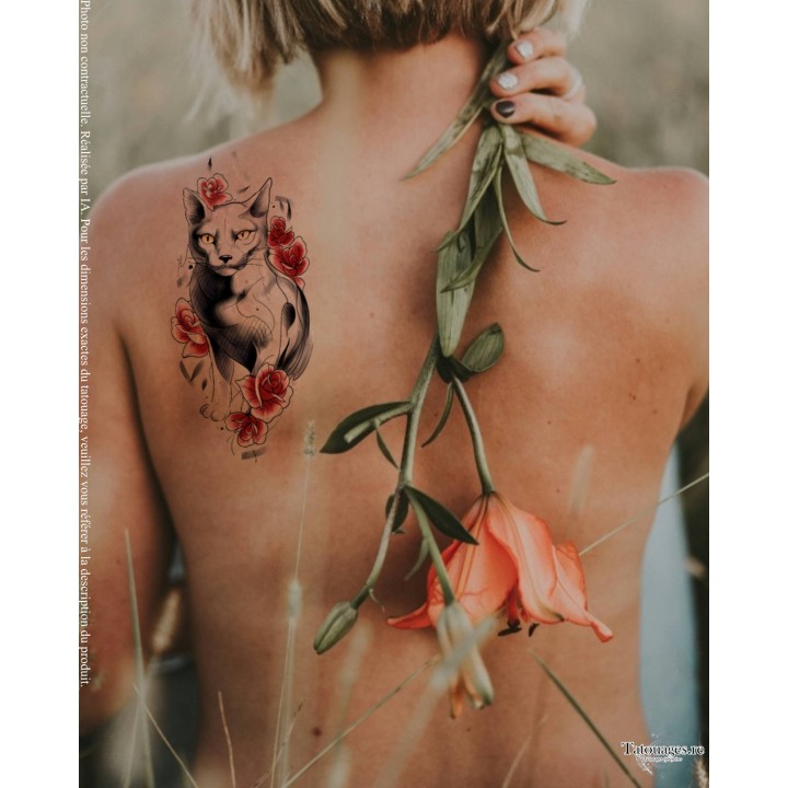 Grand tatouage temporaire chat mystique et fleurs positionné sur l'omoplate ou le dos