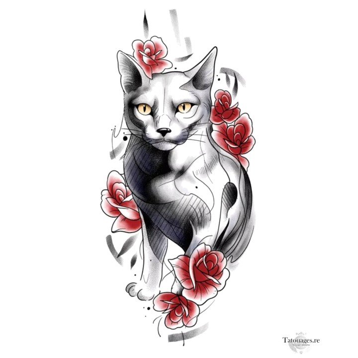 Tatouage éphémère chat aux yeux ambrés et roses rouges Le Regard de Velours